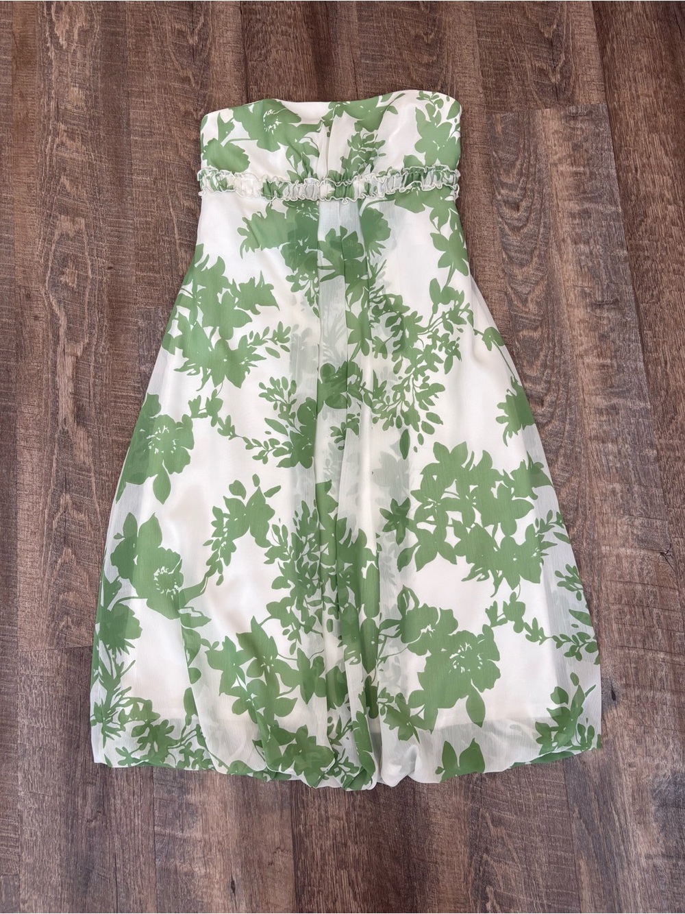 David's Bridal Strapless White Dress with Green Floral Print